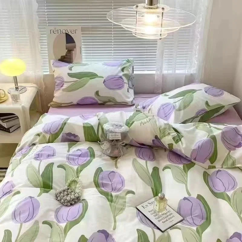 INS Gradual Cream Pink Green Bedding Set Floral Duvet Cover Pillowcase Kawaii Bed Sheet Quilt Cover Single Queen King Size