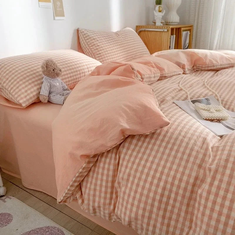 Nordic Pink Checkerboard Duvet Cover Sets With Pillowcases Flat Sheet Kids Girls Boys Full Queen Twin Size Kawaii Bedding Kit