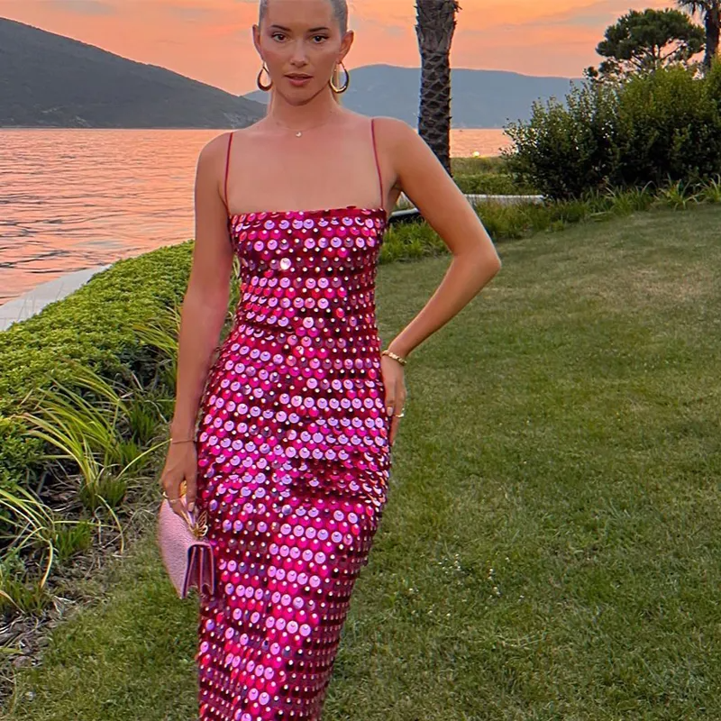 Pink Sequin-embellished Midi Dress