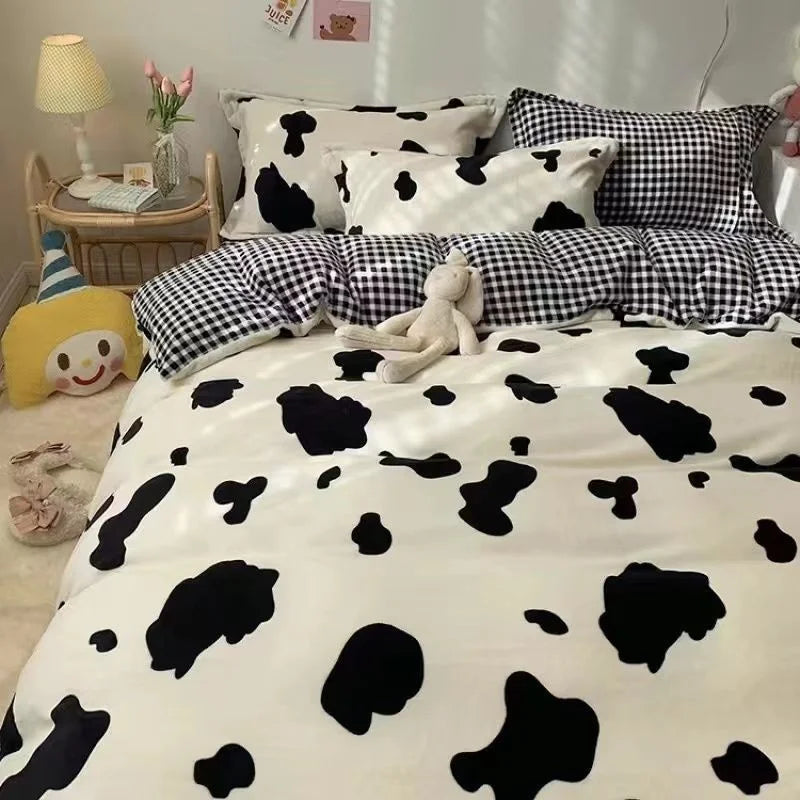 Korean Style Bedding Set Twin Queen Size Cute Cream Cherry Duvet Cover Flat Sheet Pillowcase Polyester Princess Girl Bed Linen