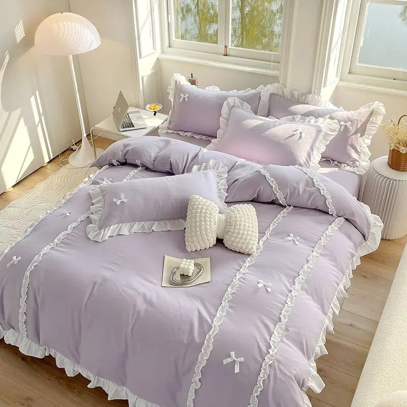 Princess Style Duvet Cover Set with Flat Sheet Pillowcases Korean Green Pink Girls Gift Spring Single Queen Size Bedding Kit