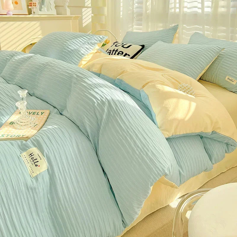 washed cotton four piece set of solid color double panel quilt cover, fitted sheet, student dormitory four piece set