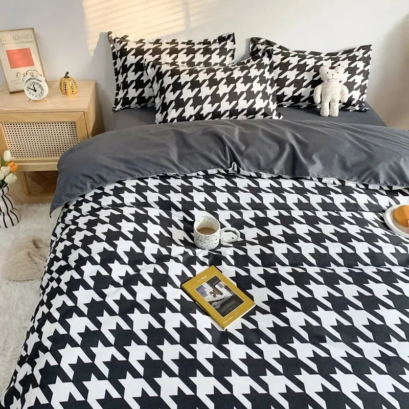 Nordic Pink Checkerboard Duvet Cover Sets With Pillowcases Flat Sheet Kids Girls Boys Full Queen Twin Size Kawaii Bedding Kit
