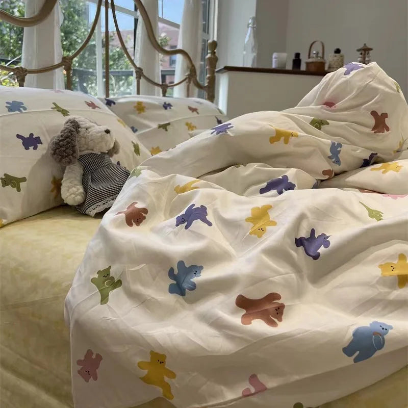 INS Gradual Cream Pink Green Bedding Set Floral Duvet Cover Pillowcase Kawaii Bed Sheet Quilt Cover Single Queen King Size