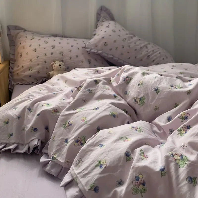 French Style Bedding Set Pastoral Colored Grape Double-layer Gauze  Light Purple Washing Cotton Duvet Cover Bed Sheet Comforter