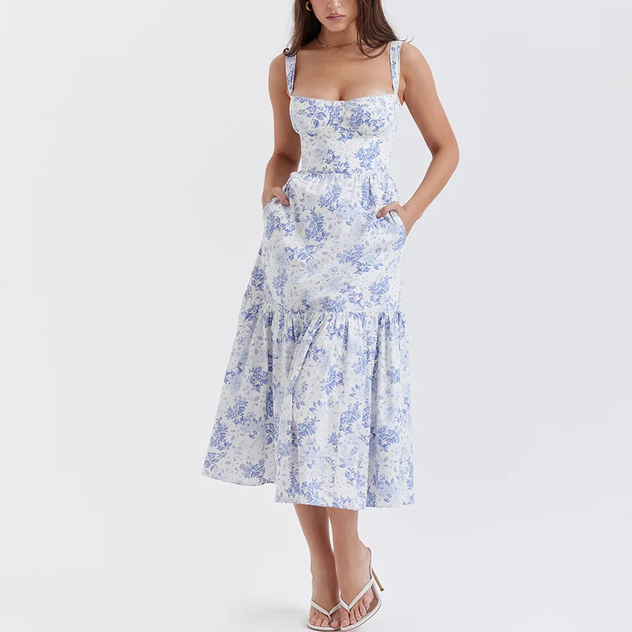 Blue Floral Layered Midi A-Line Dress
