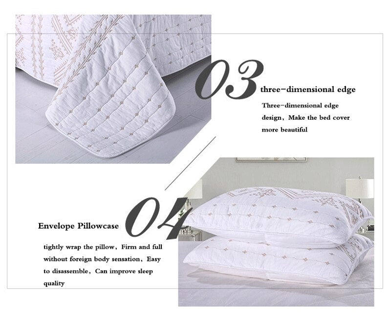 Double Bed Cover Geometric Embroidery Plain 3 Piece Quilted Quilt Pillowcase Free Shipping