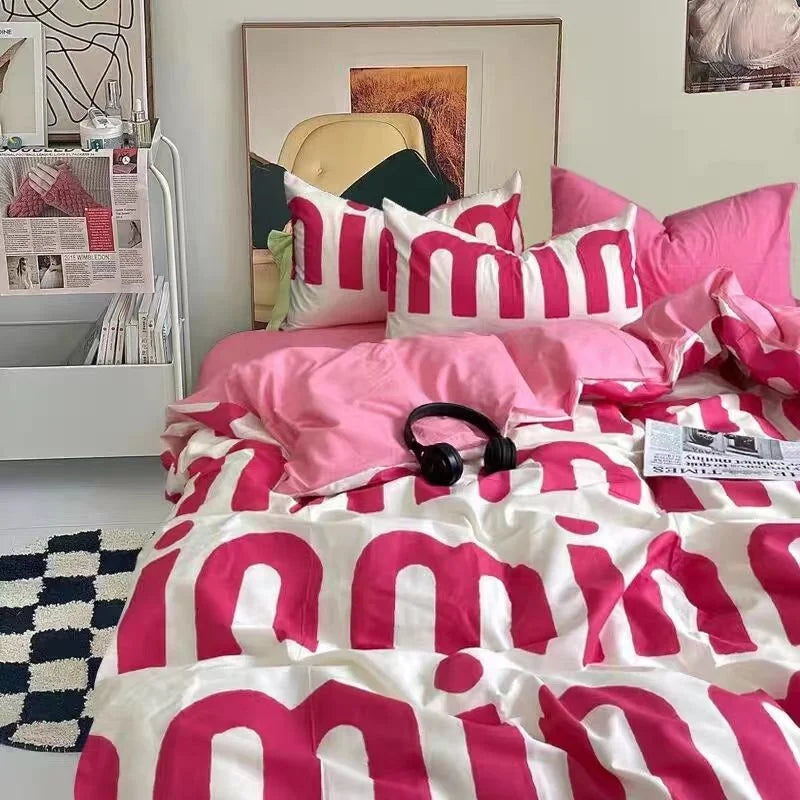 INS Gradual Cream Pink Green Bedding Set Floral Duvet Cover Pillowcase Kawaii Bed Sheet Quilt Cover Single Queen King Size