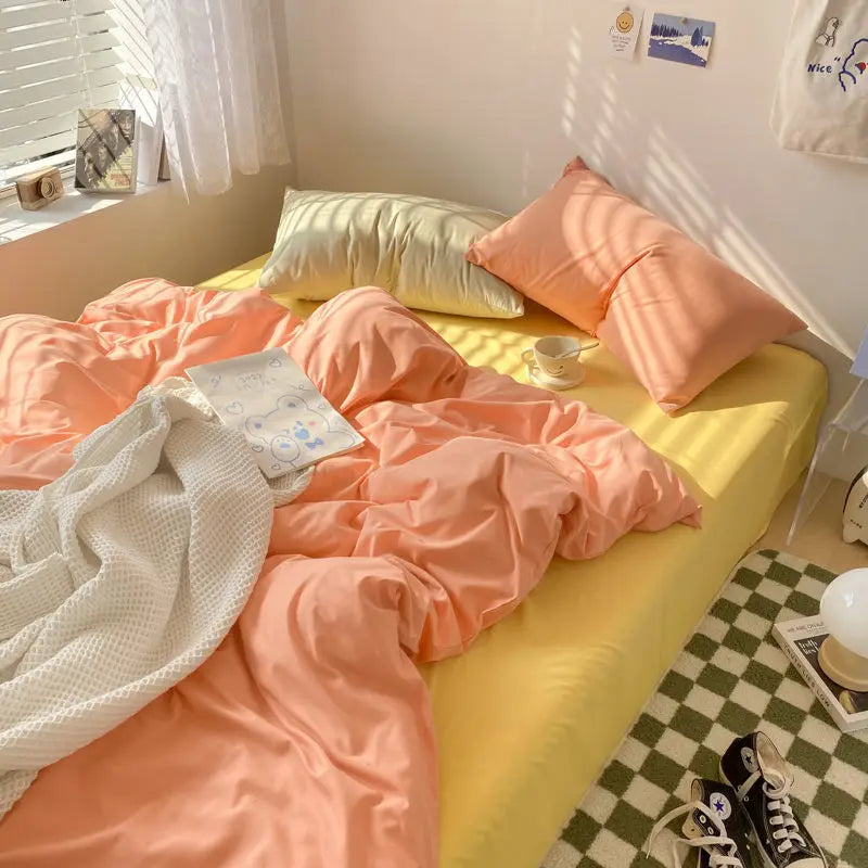 Korean Solid Color Bedding Set Adults Kids Twin Full Queen Size Soft Bed Flat Sheet Duvet Cover Set Pillowcases Simple Bed Linen