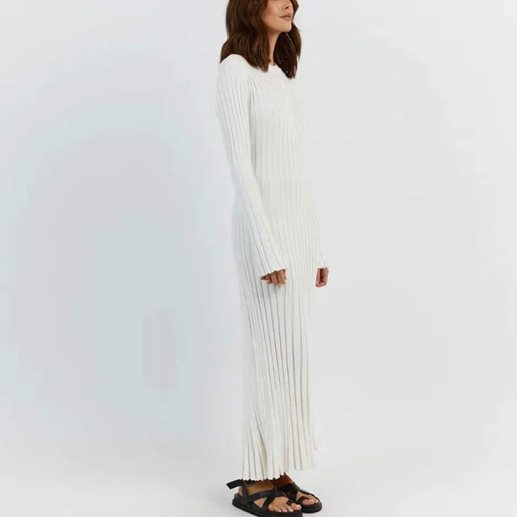 White Long Sleeve Knit Midi Dress