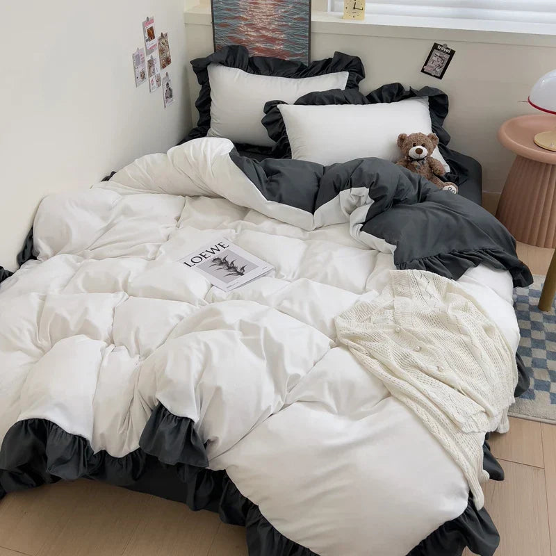 Ins Princess Bedding Set 4 New Duvet Cover Fresh Blue Solid Color Floral Wrinkled Yann Bed Set Of Four Pieces Bed Sheets