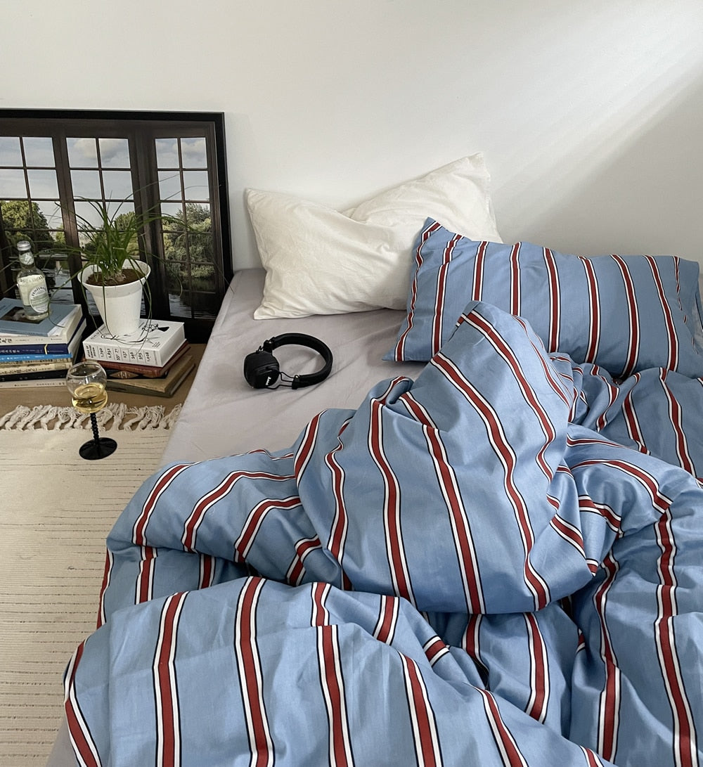 New 100% Cotton Blue Bedding Set Luxury Simple Striped Bed Sheet Quilt Cover Pillow Case Bed Hat Fashion Design 2.0m/1.2m Bed