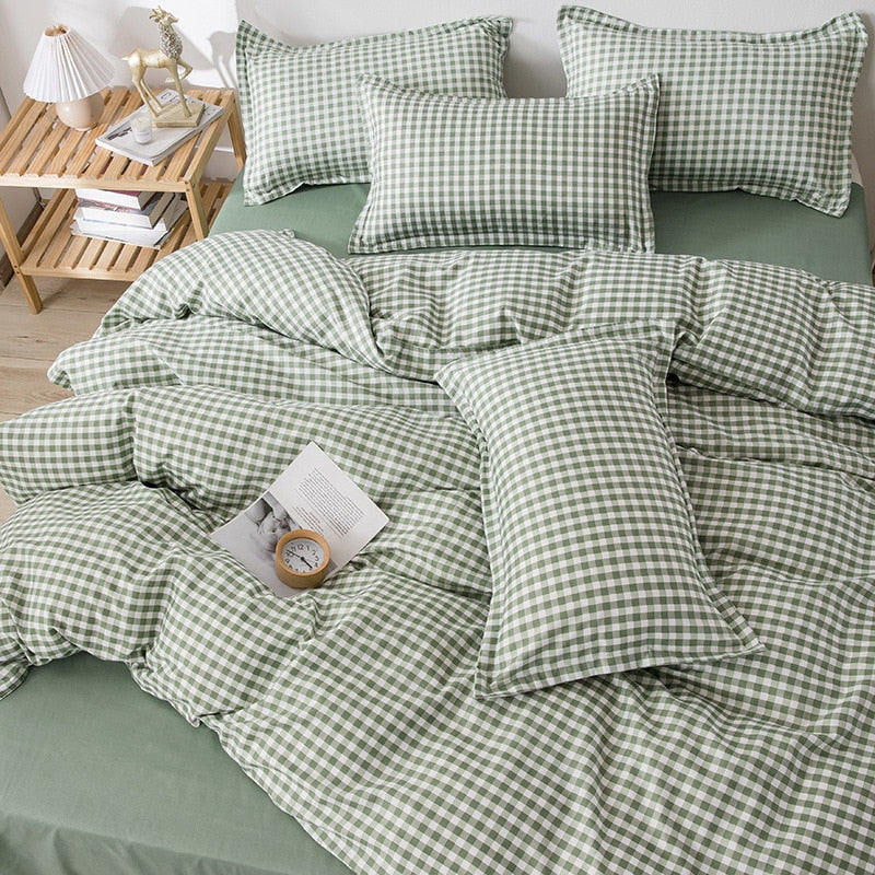 King Size Bedding Set with Quilt Cover Flat Sheet Pillowcase Kids Girls Boys Checkerboard Pinted Single Double Bed Linen