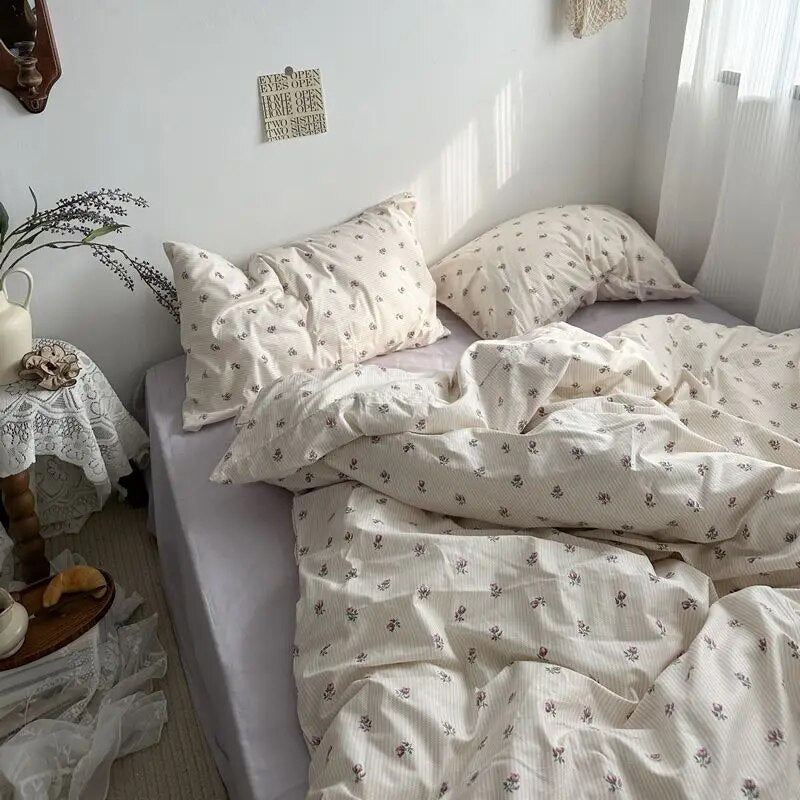 Kawaii Cherry Duvet Cover Set Pillowcase Flat Sheet Floral Boys Girls Twin Full Size Soft Bedding Kit Korean Ins Style Home Use