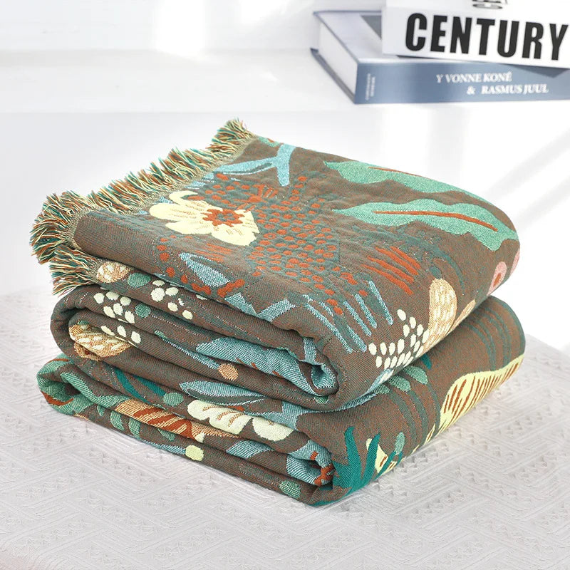 Textile City Jungle Tiger 6 Layer Cotton Gauze Towel Quilt Green Summer Cool Office Comfy Single Blanket Sofa Cover Blanket