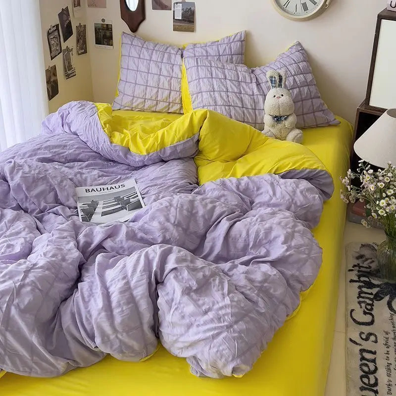 Seersucker Princess Girls Bedding Set Duvet Cover Korean Four PIECE  Washed Cotton Bed Sheet  Cover Quilt Set