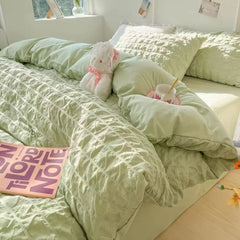 Princess Bedding Set  French Style Wash Cotton Solid Color Seersucker Summer Soft 4New Bed Sheet Set Comforter Set