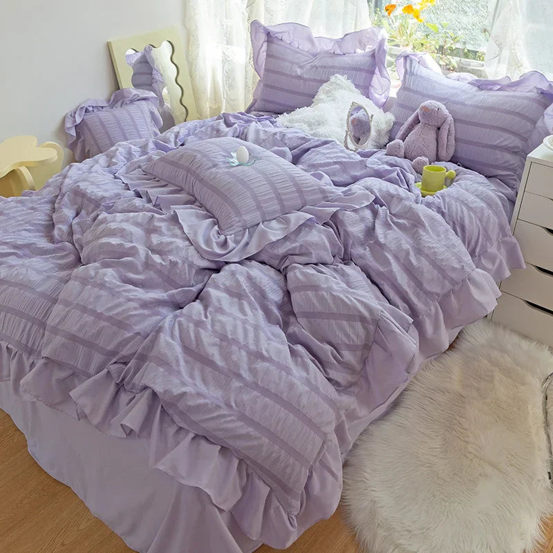 Purple Princess Bedding Set Duvet Cover Pillowcase Linens Twin Queen King Bed Sheet Set Luxury Solid Color Woman Girl Kawaii Set