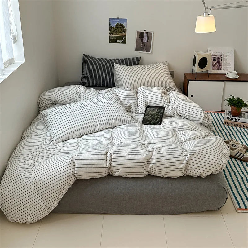 Cotton Japanese Duvet Cover Fitted Flat Sheet Pillowcase Set No Filling Single Double King Size Ins Style Bedding Kit