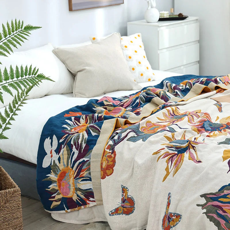 Textile City Ink Flower Fragrance Cotton Multi-layer Gauze Towel Quilt Summer Cool Throw Blanket Bedroom Comfy Bed Sheet 240x250