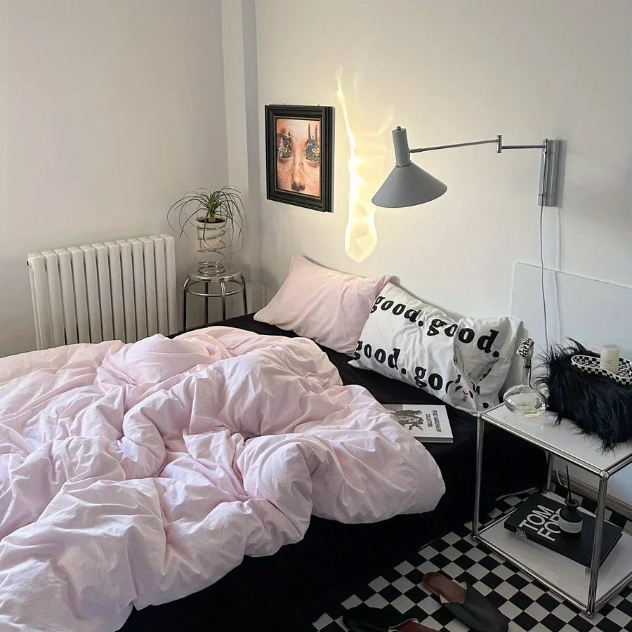 Nordic Princess Pink Bedding Set Girls Adults Twin Full Queen Size Bed Flat Sheet Duvet Cover Pillowcases Solid Color Bed Linen