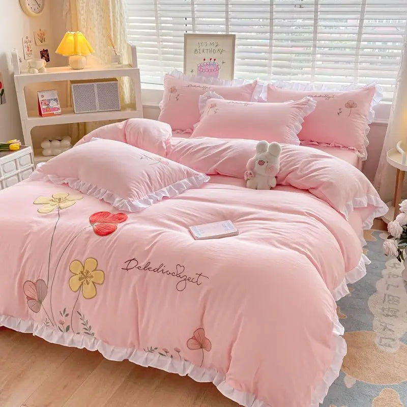 Ins Korean Style Bedding Set with Ruffles Princess Duvet Cover No Filling Flat Sheet Pillowcases Kit Girls Blue Pink Solid Color