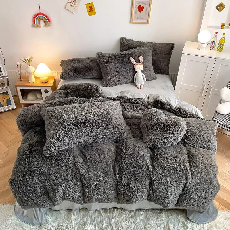 Plush Bedding Set Soft Fluffy Faux Fur Duvet Cover Sheet Pillowcase Fuzzy warm Bedlinens