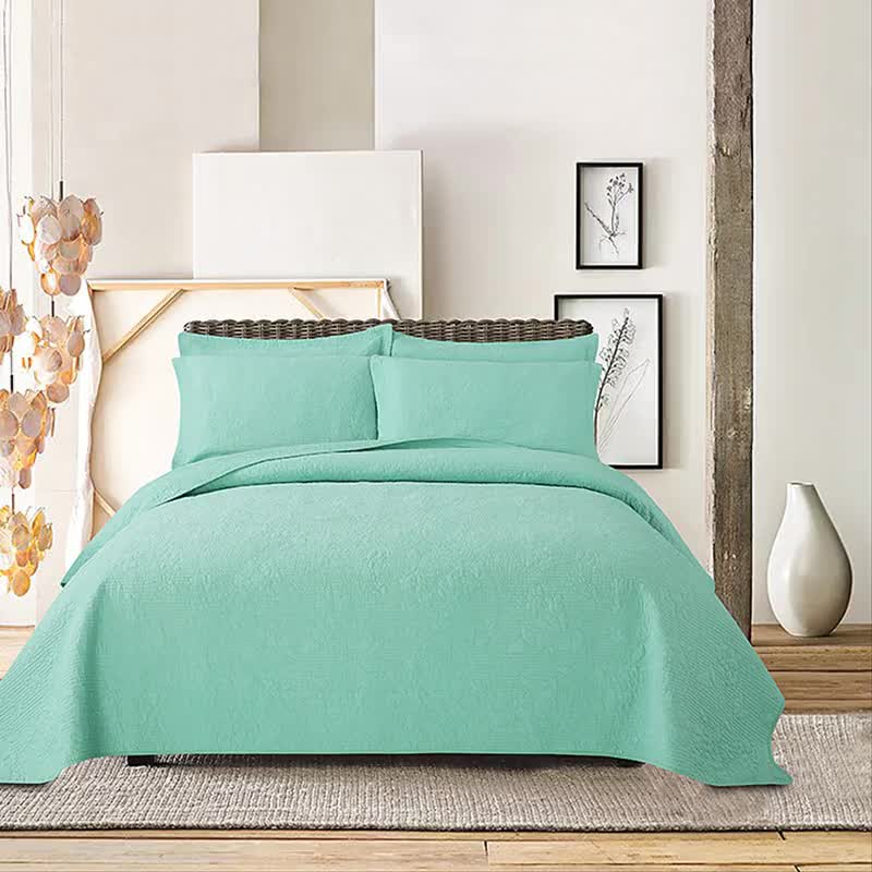 Double Bed 100% Cotton Pure Green 3pcs Printed Quilted Quilt Pillowcase Free Shipping