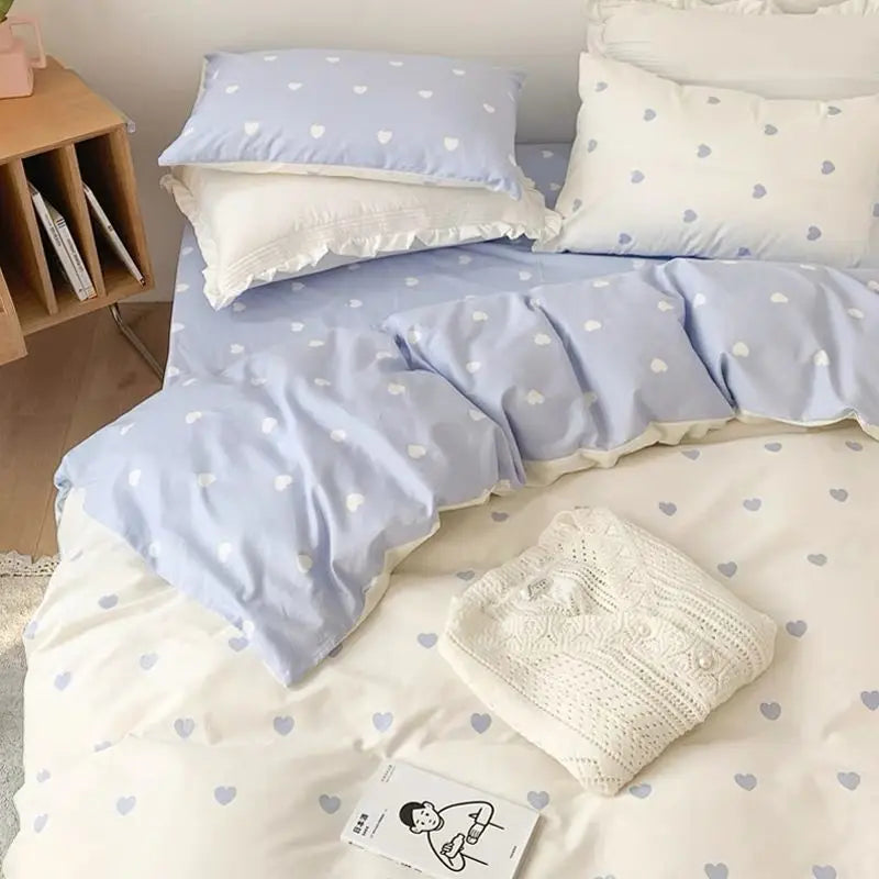 Korean Style Bedding Set Twin Queen Size Cute Cream Cherry Duvet Cover Flat Sheet Pillowcase Polyester Princess Girl Bed Linen