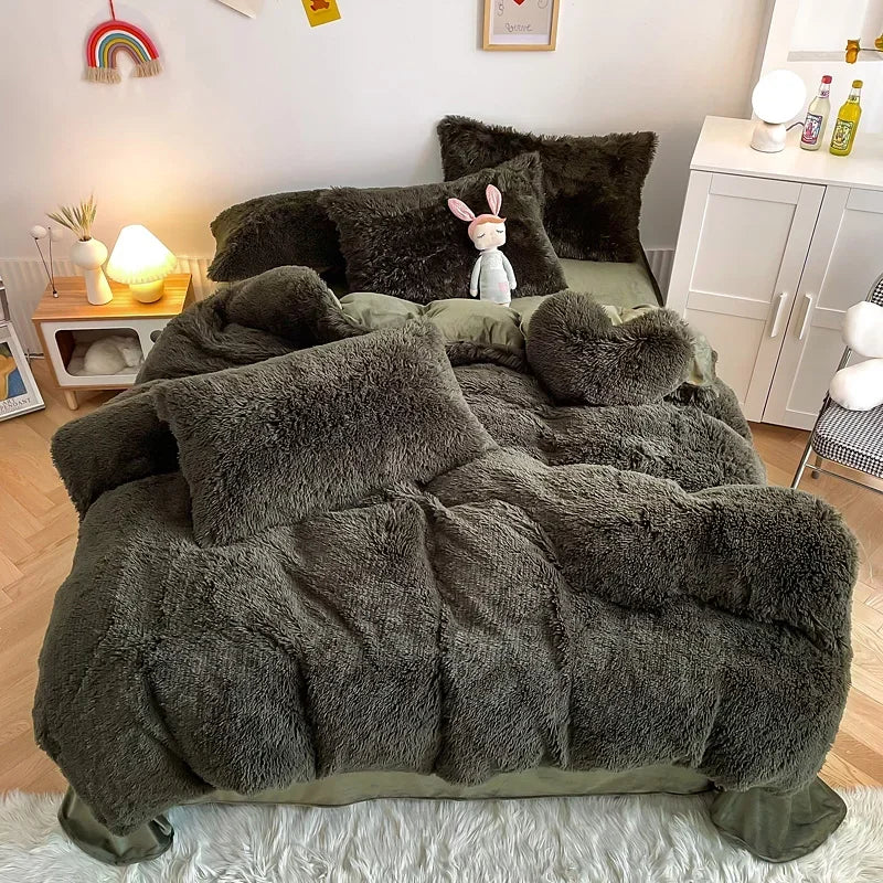 Plush Bedding Set Soft Fluffy Faux Fur Duvet Cover Sheet Pillowcase Fuzzy warm Bedlinens