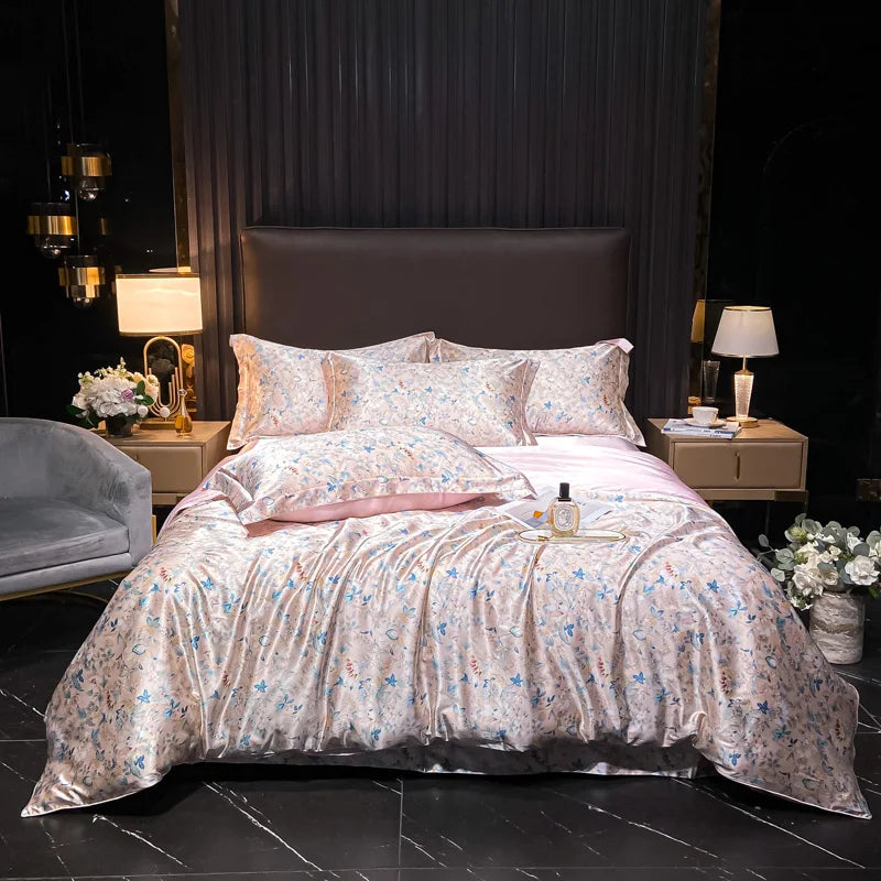 Natural Silk Bedding Set High-End Luxury Soft Silky Quilt Cover Set Single Double King Size Printing Duvet Cover Set