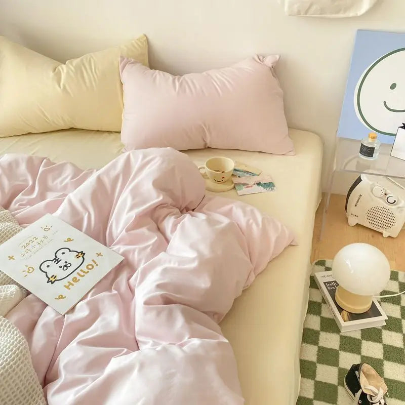 Korean Solid Color Bedding Set Adults Kids Twin Full Queen Size Soft Bed Flat Sheet Duvet Cover Set Pillowcases Simple Bed Linen