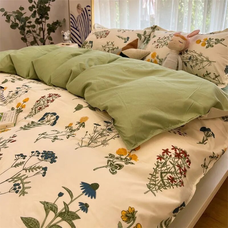 Kawaii Cherry Duvet Cover Set Pillowcase Flat Sheet Floral Boys Girls Twin Full Size Soft Bedding Kit Korean Ins Style Home Use