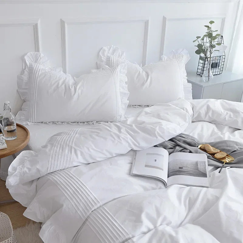 White Flat Sheet Thickened 100% Cotton Bedding Sheets queen Lotus Leaf Flat Bed Sheet Duvet cover and pillowcases quilt case