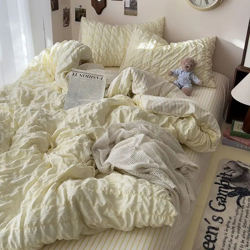 Seersucker Princess Girls Bedding Set Duvet Cover Korean Four PIECE  Washed Cotton Bed Sheet  Cover Quilt Set