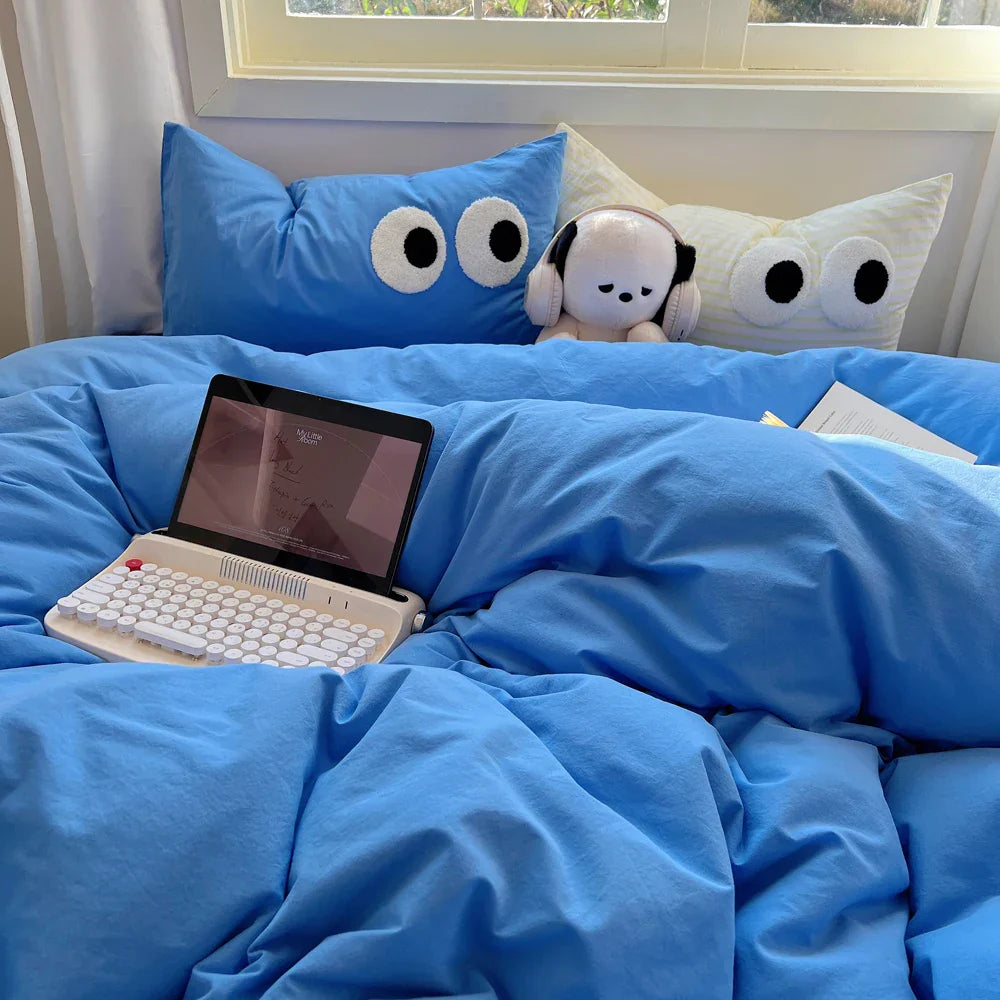 Ins Black Big Eye Solid Color Bedding Set Girls Boys Flat Sheet Blue Duvet Cover Pillowcase Washed Cotton Bed Linen Home Textile