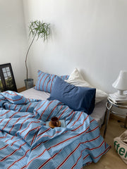 New 100% Cotton Blue Bedding Set Luxury Simple Striped Bed Sheet Quilt Cover Pillow Case Bed Hat Fashion Design 2.0m/1.2m Bed