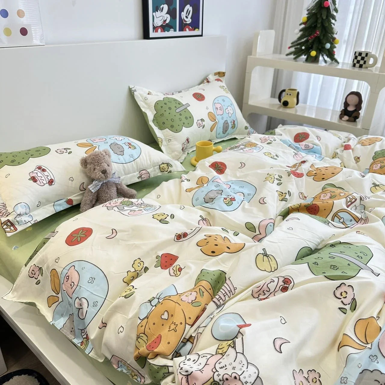 INS Gradual Cream Pink Green Bedding Set Floral Duvet Cover Pillowcase Kawaii Bed Sheet Quilt Cover Single Queen King Size
