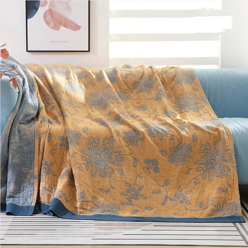 Textile City Cotton 5 Layer Gauze Towel Quilt Flower Pattern Quality Blanket Summer Nap Blanket for Couples 200cmx230cm
