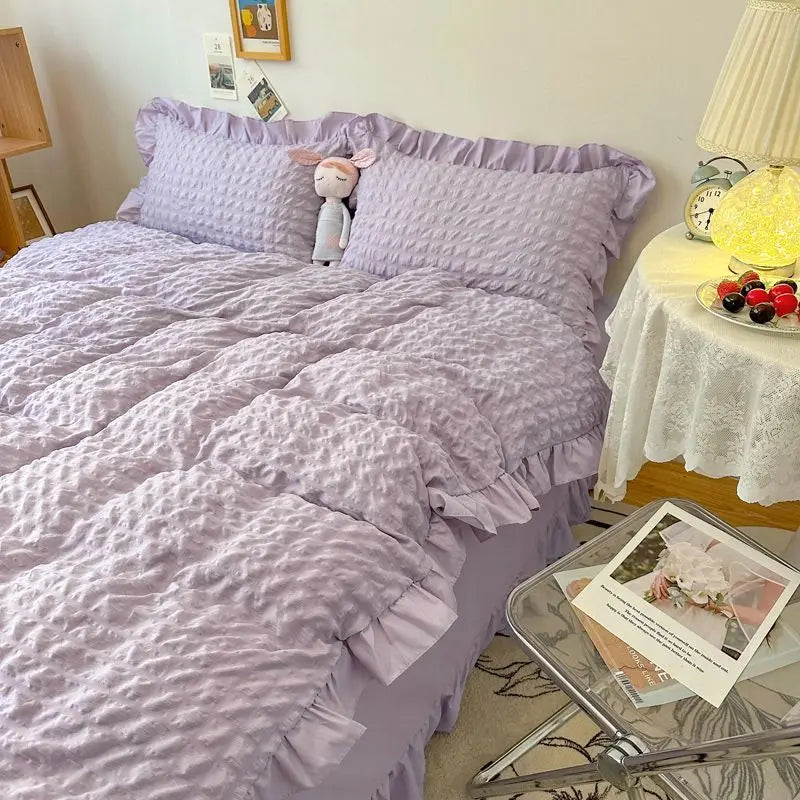 Euro Solid Color Ruffle Bedding Sets Girl Couple Fluffy Queen Duvet Cover With Bed Skirt Pillowcase Bedroom Comfort 4 Pieces Set