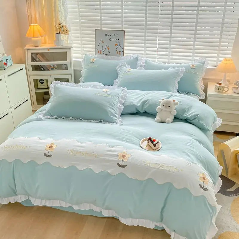 Ins Korean Style Bedding Set with Ruffles Princess Duvet Cover No Filling Flat Sheet Pillowcases Kit Girls Blue Pink Solid Color