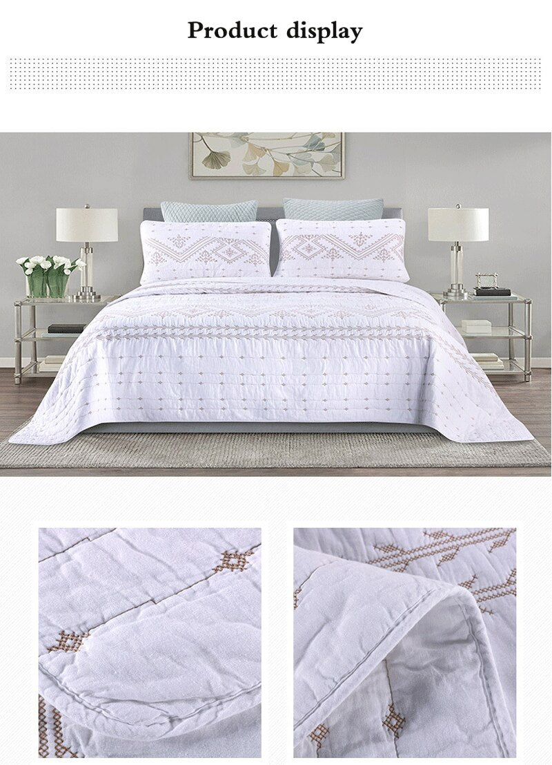 Double Bed Cover Geometric Embroidery Plain 3 Piece Quilted Quilt Pillowcase Free Shipping