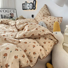 Bedding Set Double Layered Yarn INS Girls Mushroom Soft Washed Cotton Bed Sheet Queen King Size Duvet Set Pillowcase Bed Sheet