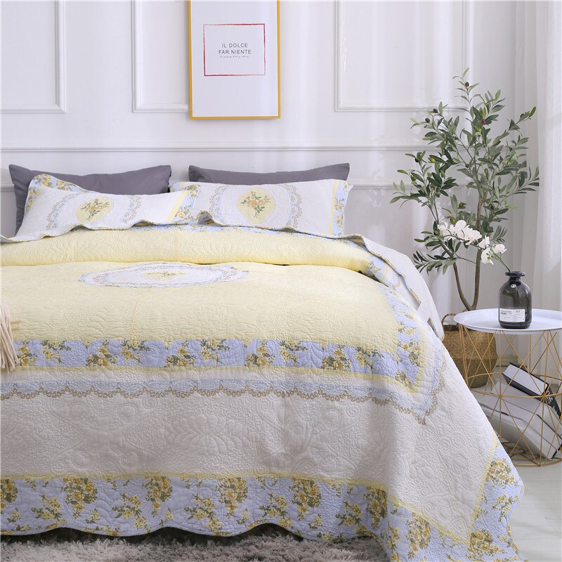 100% Cotton Yellow Daisy Quilt 3pcs Embroidered Quilted Quilt Pillowcase Free Shipping