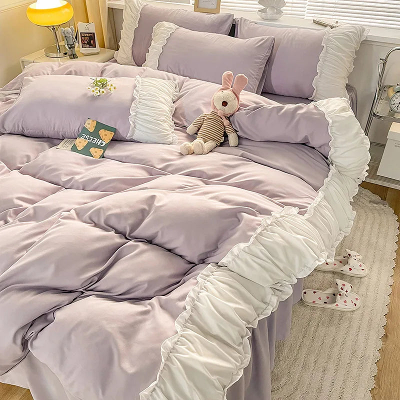 Ins Princess Wind Quilt Cover Four-piece Set Girly Heart Solid Color Bed Sheet Dormitory Bed Three-piece Set Linen Sheets Sets