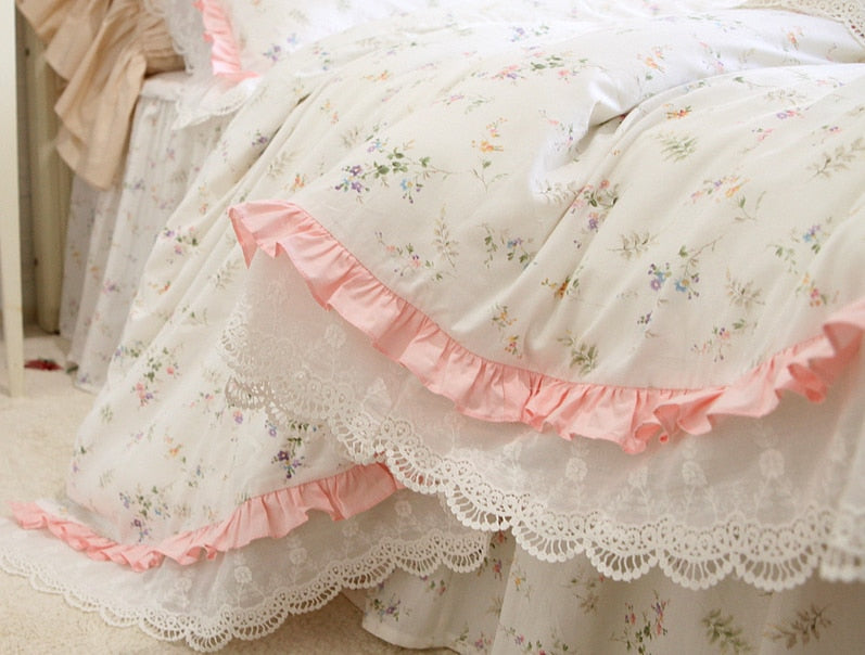 Romantic Ruffle luxury duvet cover rose print bedding king duvet cover lace bed set princess cotton quilt cover duvet set queen