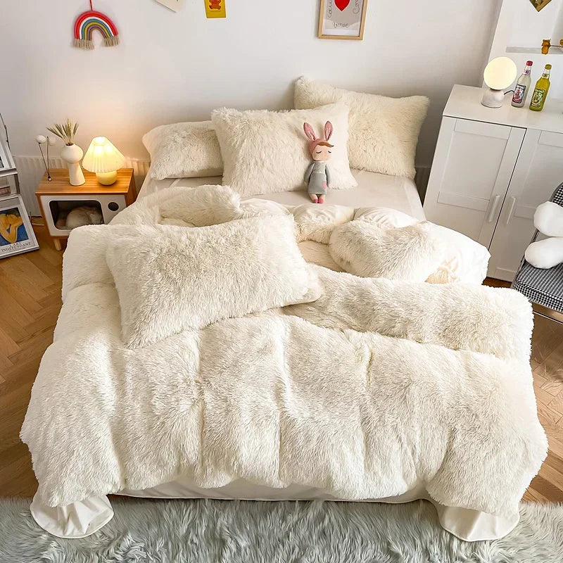 Plush Bedding Set Soft Fluffy Faux Fur Duvet Cover Sheet Pillowcase Fuzzy warm Bedlinens