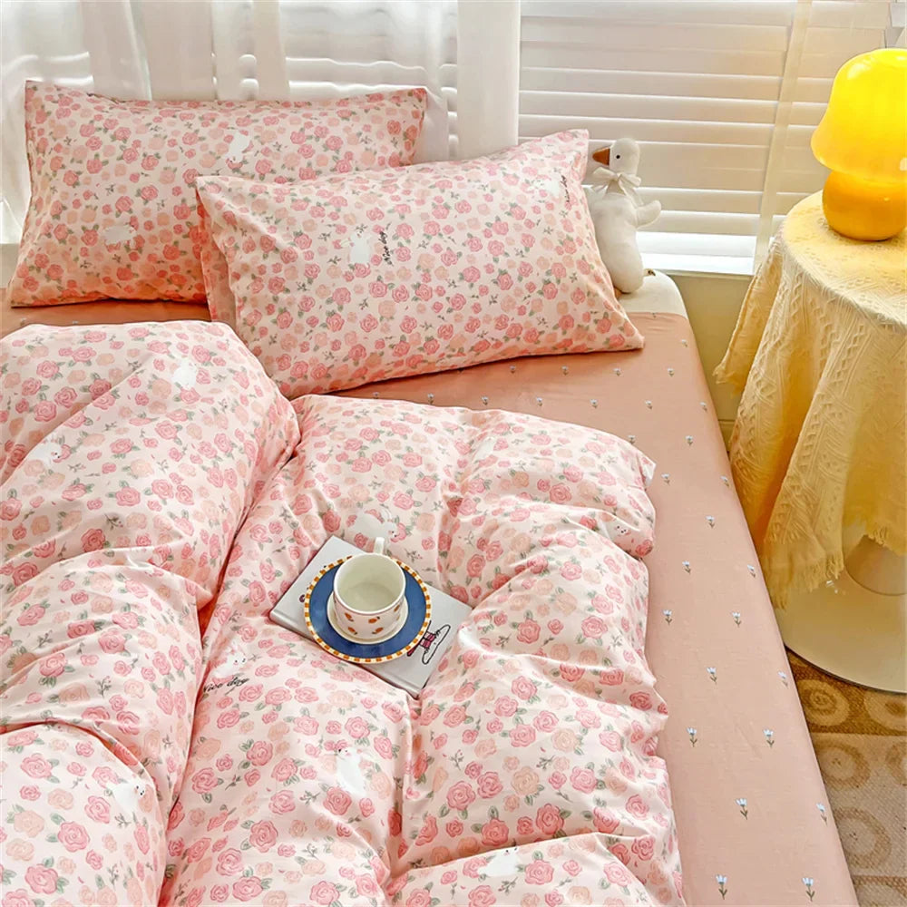 Pink Floral Bedding Set Soft Ins Duvet Cover Flat Sheet Pillowcase Girls Flower Polyester Home Bed Linen Single Double Ful Size