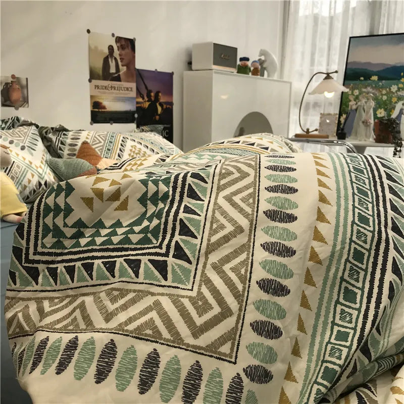  Simple Nordic Bed Four-Piece Set All Cotton Pure Cotton Quilt Cover Bohemian Style 1.5 M1.8 M Apartment Fitted Sheet