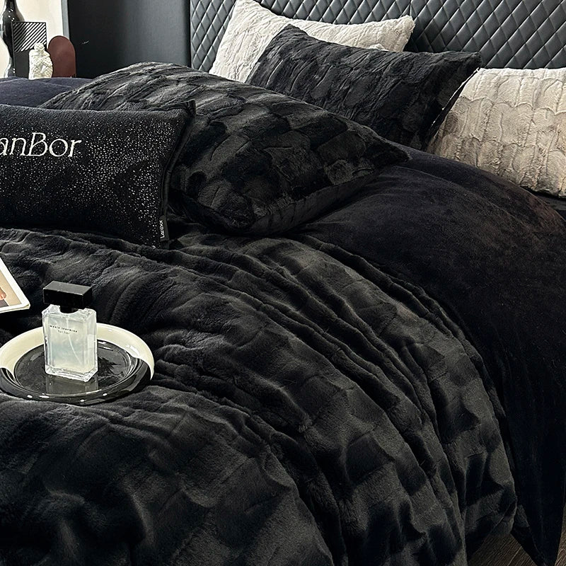 Luxury Brand New Black Plush Shaggy Duvet Cover Set Winter Warm Fur   Fluffy Velvet Noble Bedding Set Bed sheet  Soft Velvet 4pc